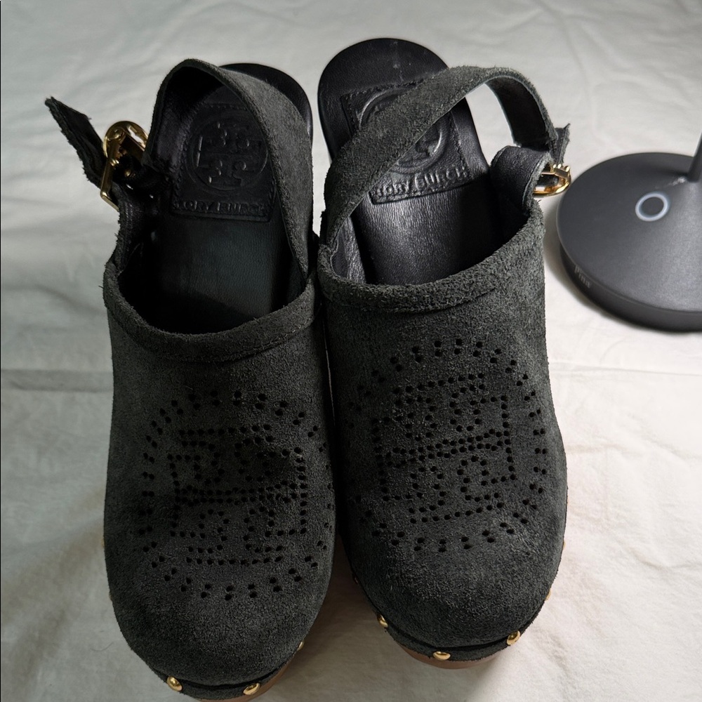 Tory Burch Dark Grayโ Suede Mules with Gold Accents